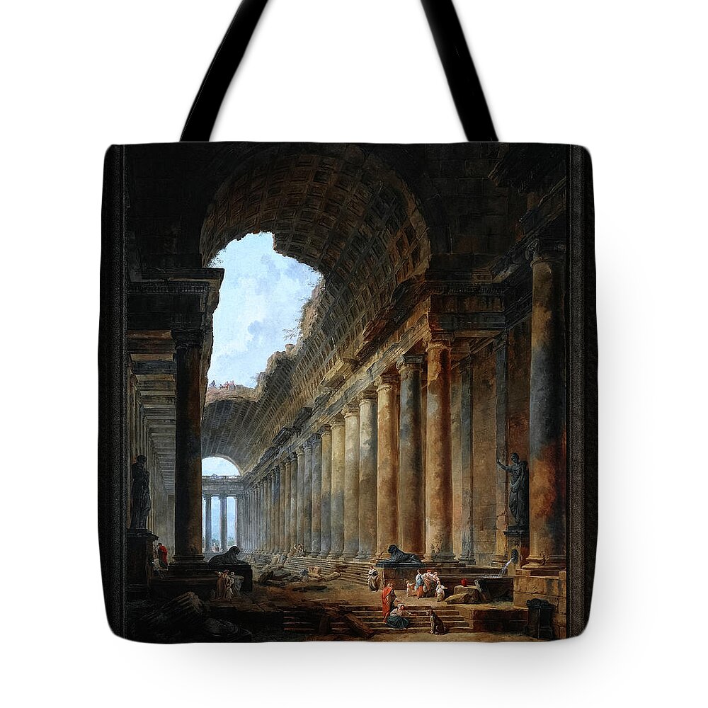 The Old Temple Tote Bag featuring the painting The Old Temple by Hubert Robert Old Masters Fine Art Reproduction by Rolando Burbon