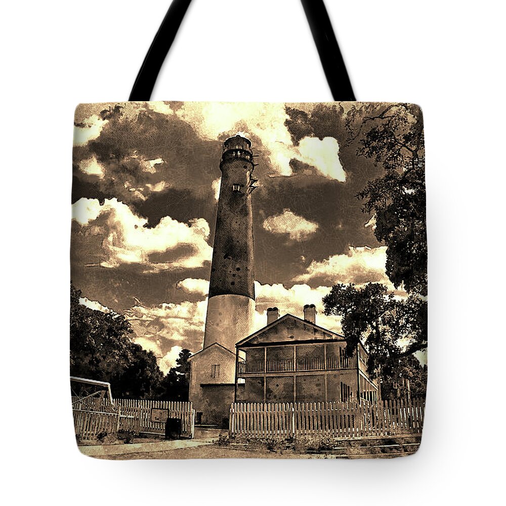 Pensacola Lighthouse Tote Bag featuring the digital art The Pensacola lighthouse and maratime museum - digital painting with vintage look by Nicko Prints