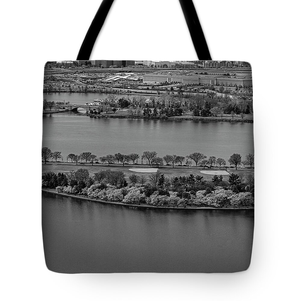 Washington Tote Bag featuring the photograph The Pentagon Aerial BW by Susan Candelario