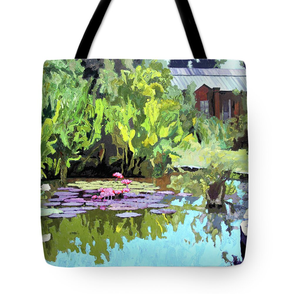 Water Lily Tote Bag featuring the painting The Piper Palm House by John Lautermilch