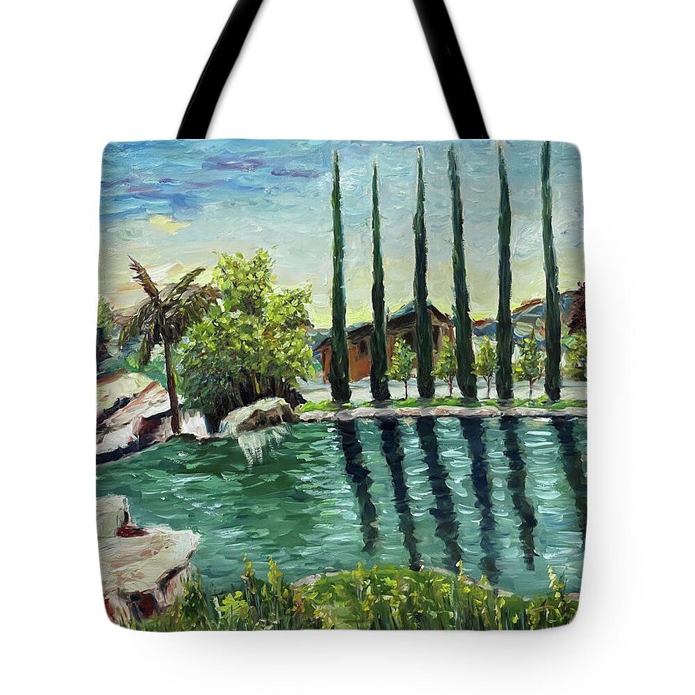 Gershon Bachus Vintners Tote Bag featuring the painting The Pond at Gershon Bachus Vintners Temecula by Roxy Rich