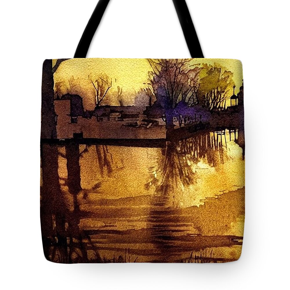 Waterloo Village Tote Bag featuring the painting The Pond at Waterloo Village, Morris Canal, Golden Hour by Christopher Lotito