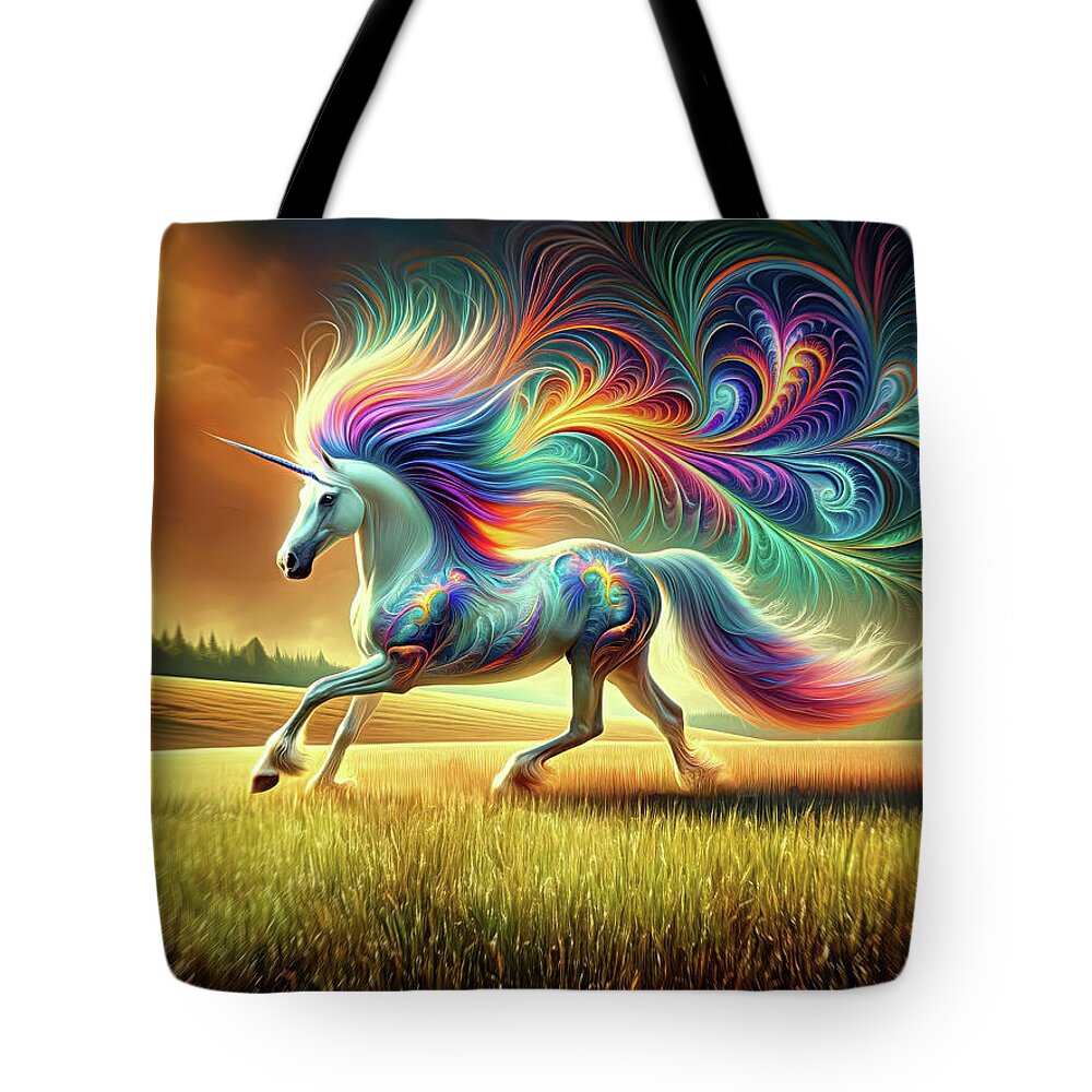 Arcane Tote Bag featuring the digital art The Prism-Maned Mystique by Bill And Linda Tiepelman