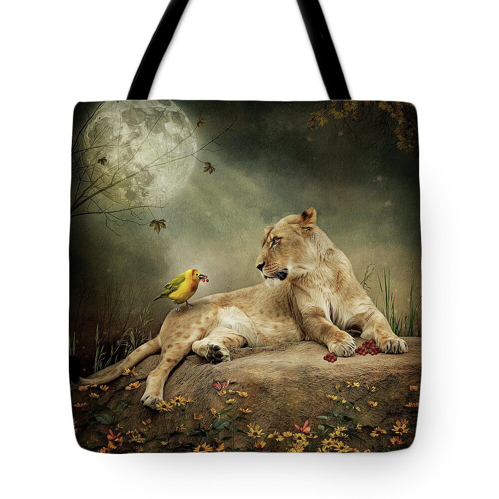 Lioness Tote Bag featuring the digital art The Queen of the Savannah by Maggy Pease