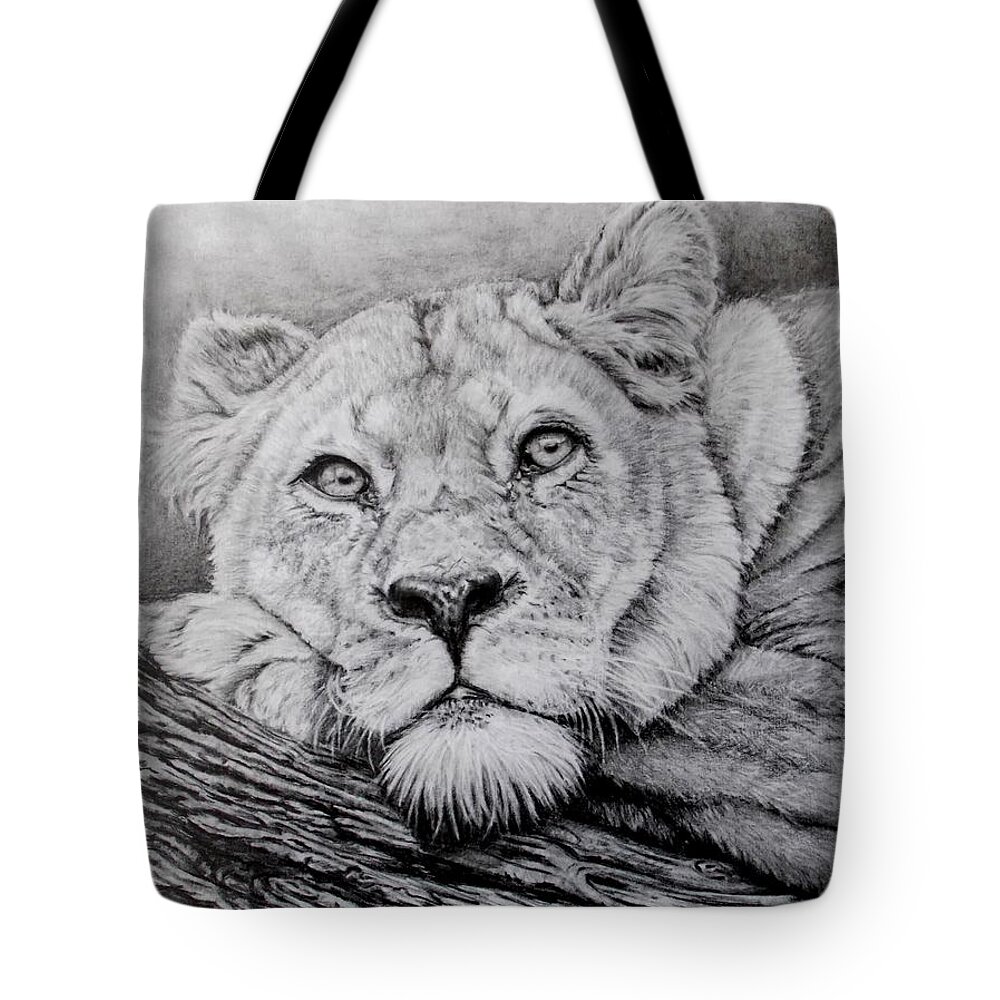 Lion Tote Bag featuring the drawing The Queen by Pamela Sanders
