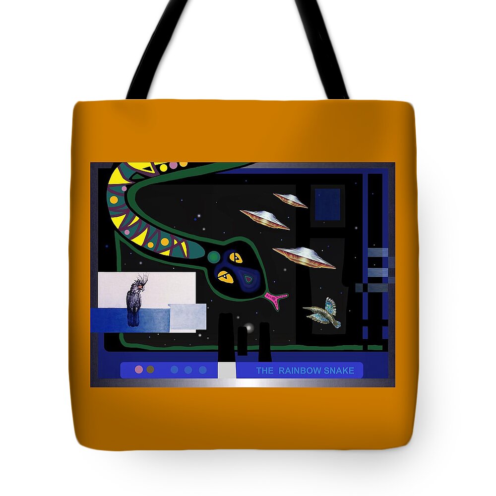 Mystical Serpent Tote Bag featuring the mixed media The Rainbow Serpent by Hartmut Jager