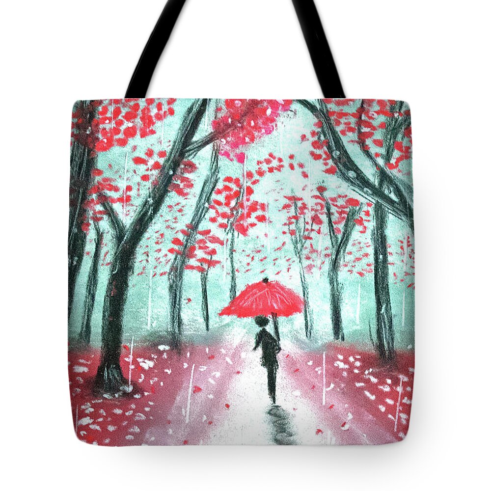 Umbrella Tote Bag featuring the drawing The Rainy Path by Ali Baucom