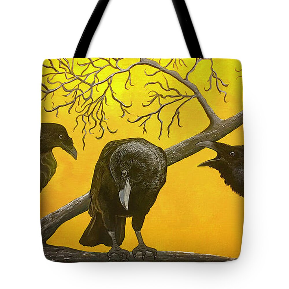 Birds Tote Bag featuring the painting The Raven Triad by Shirley Dutchkowski