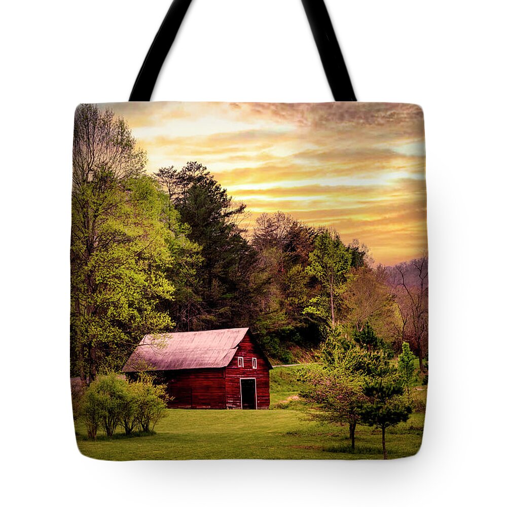 Barns Tote Bag featuring the photograph The Red Barn at Sunset by Debra and Dave Vanderlaan