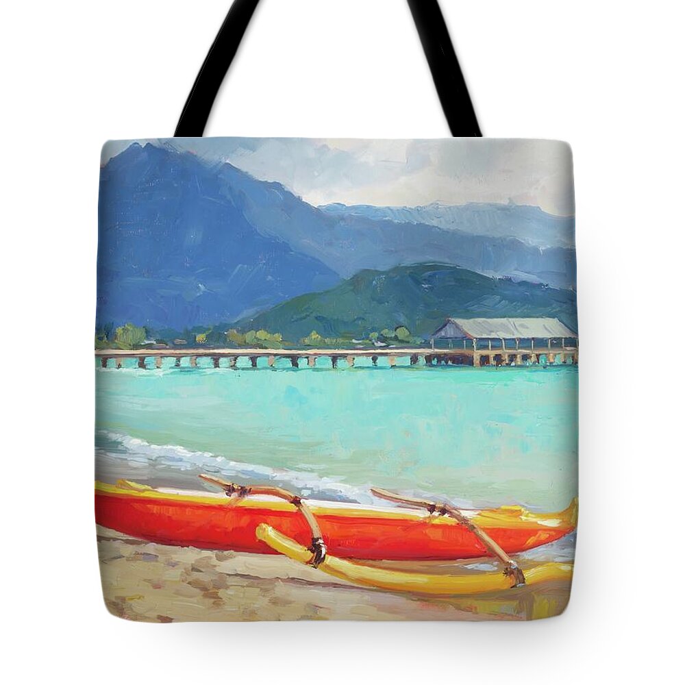 Beach Tote Bag featuring the painting The Red Canoe by Jenifer Prince
