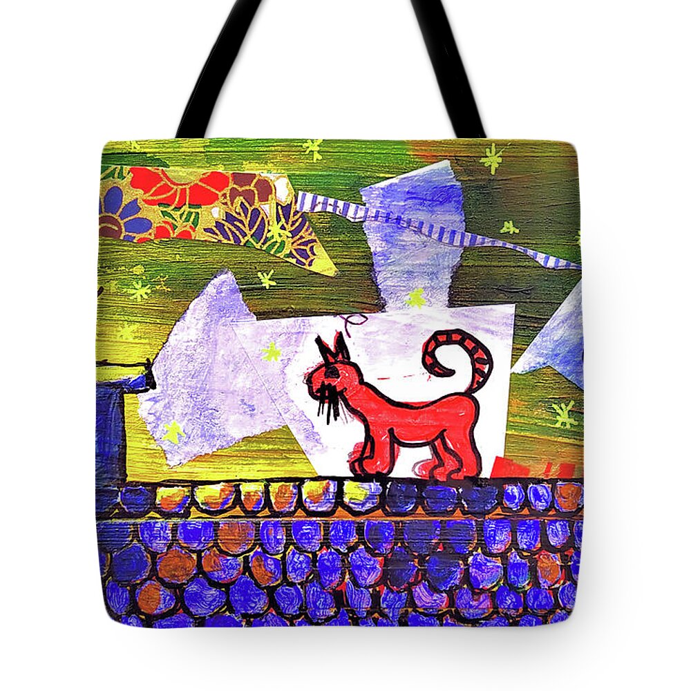 Cat Tote Bag featuring the mixed media The Red Cat on the Roof by Mimulux Patricia No