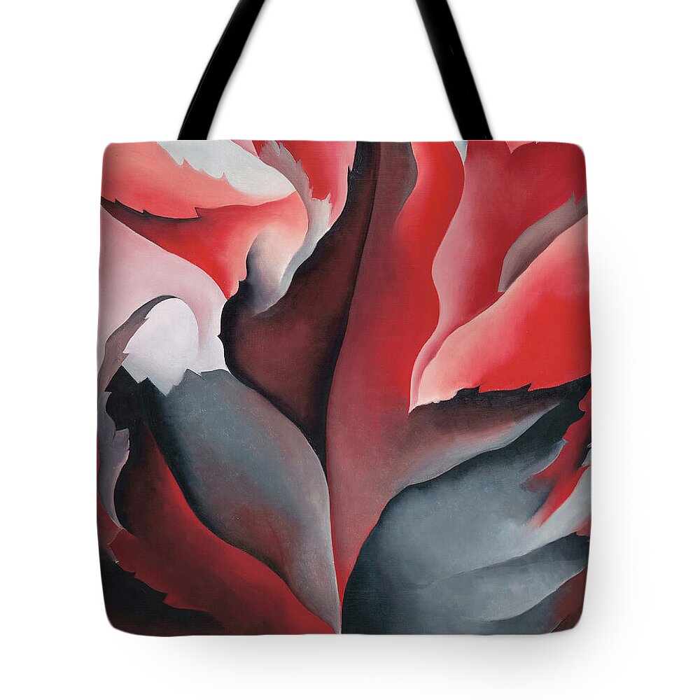 Georgia O'keeffe Tote Bag featuring the painting The red maple at Lake George - Abstract modernist nature painting by Georgia O'Keeffe