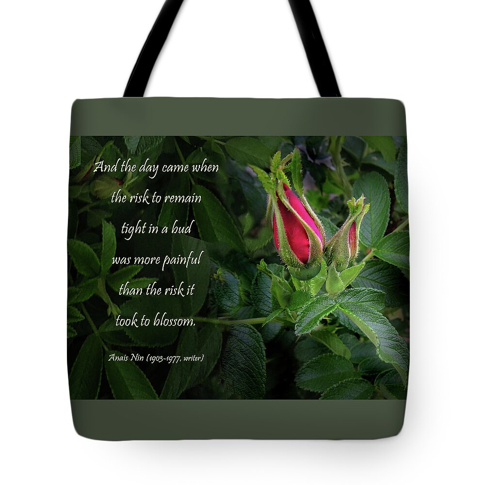 Red Rose Tote Bag featuring the photograph The Red Rose Bud by Nancy Griswold