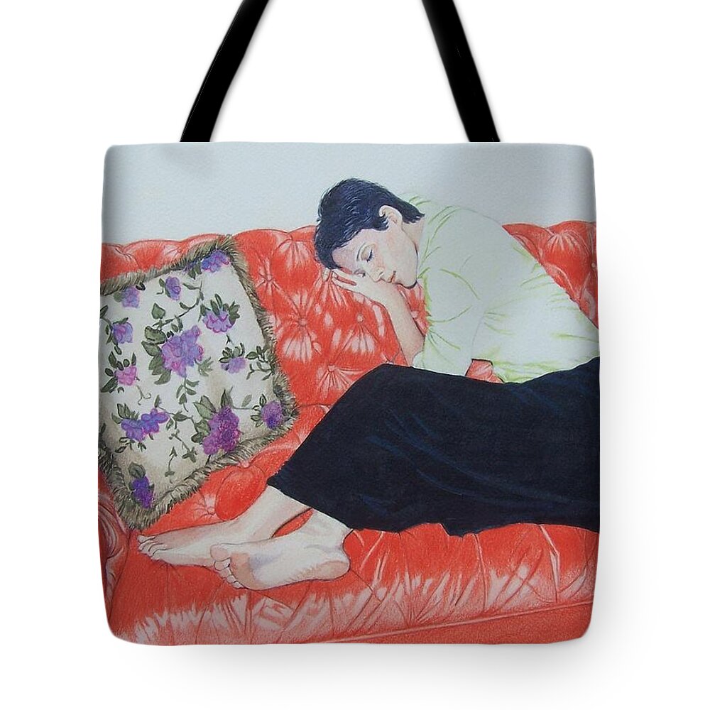 Red Tote Bag featuring the mixed media The red sofa by Constance Drescher