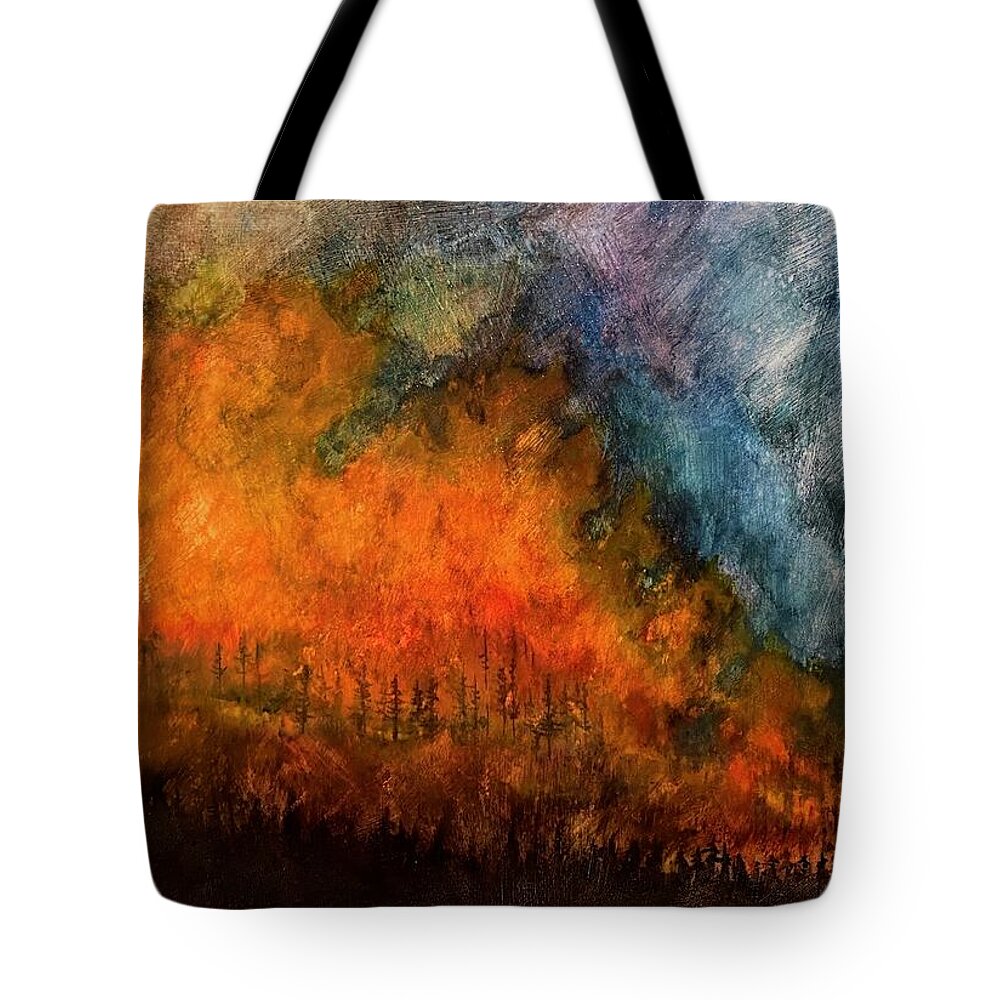 Wildfire Tote Bag featuring the painting The Red Woods by Tonja Opperman