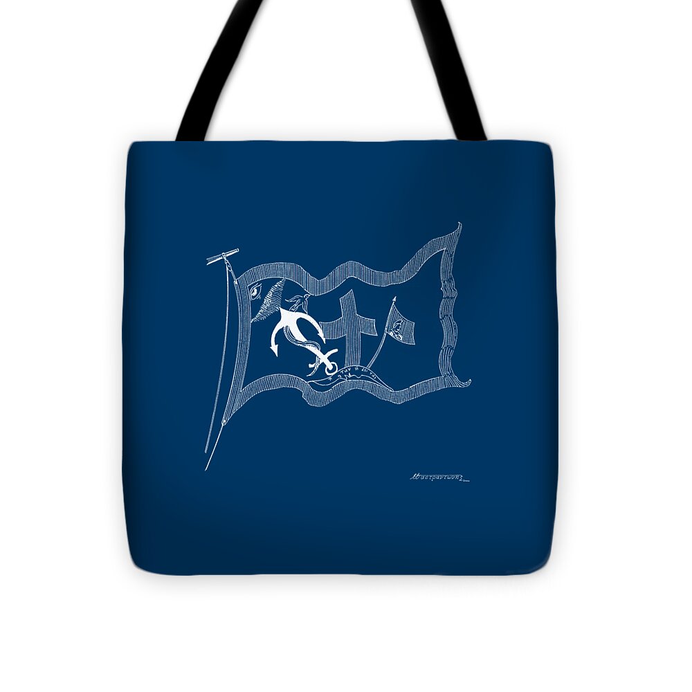 Sailing Vessels Tote Bag featuring the drawing The Revolutionary Flag of Hydra - blueprint by Panagiotis Mastrantonis