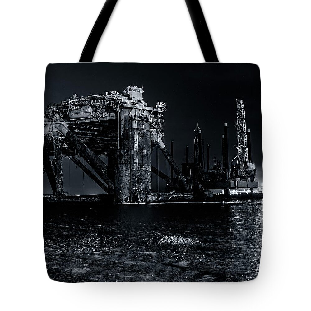 Offshore Drilling Tote Bag featuring the photograph The Rig Black and White by Jerry Connally