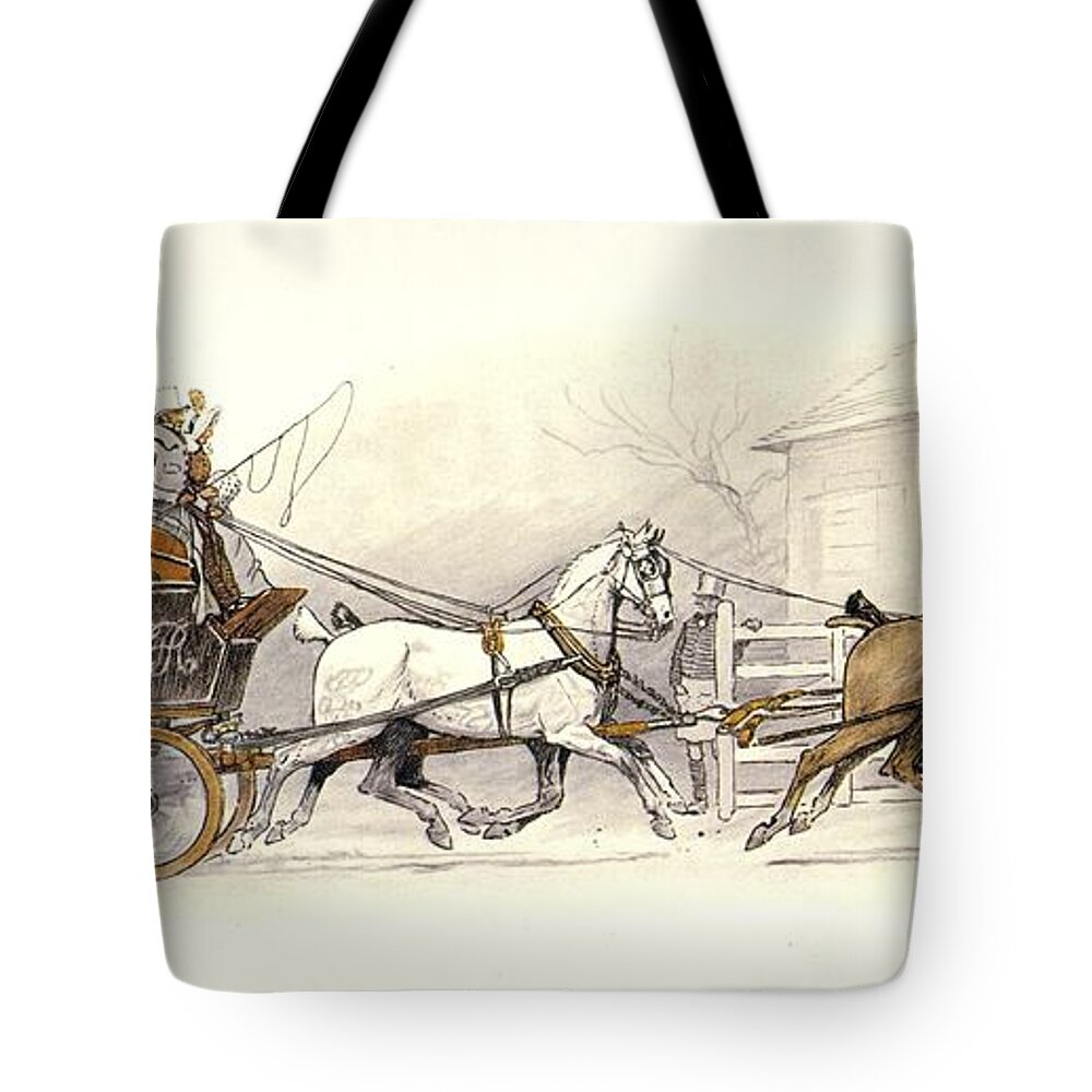 Cecil Aldin Tote Bag featuring the drawing The Romance of the Road 1933, Stagecoach by Cecil Aldin
