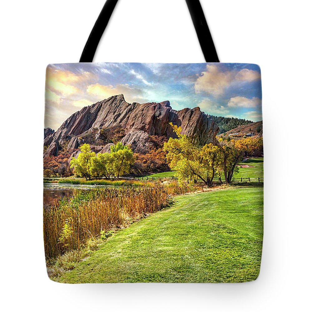 Arrowhead Tote Bag featuring the photograph The Roxborough Arrowhead Golf Club in Littleton, Colorado- Fall Season In Roxborough State Park Park by Lena Owens - OLena Art Vibrant Palette Knife and Graphic Design