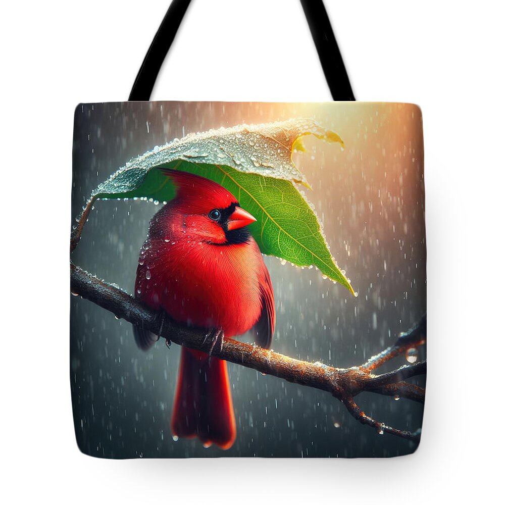 Male Cardinal Tote Bag featuring the photograph The Scarlet Protector by Bill and Linda Tiepelman