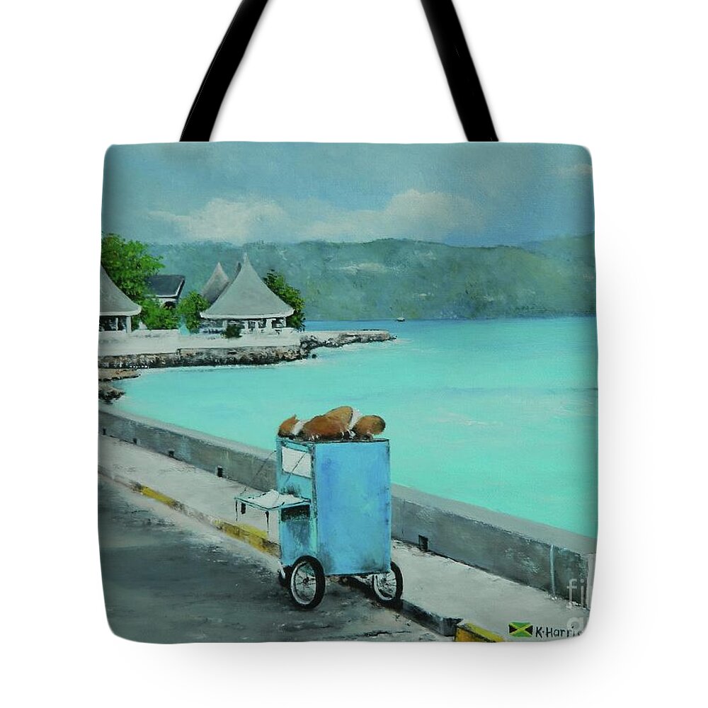 Tropical Landscape Tote Bag featuring the painting The Sea Wall by Kenneth Harris