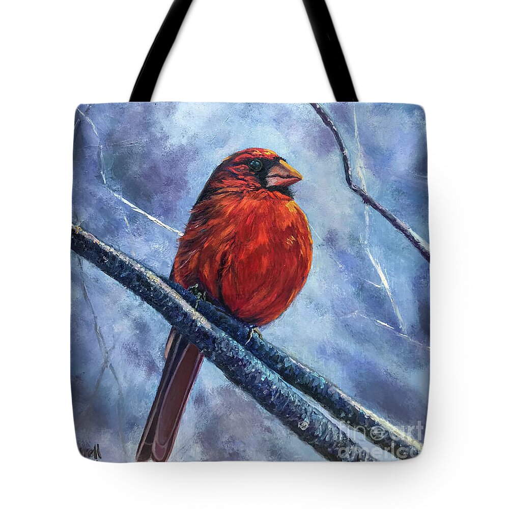 Original Oil Painting Tote Bag featuring the painting The Sentinel Cardinal by Sherrell Rodgers