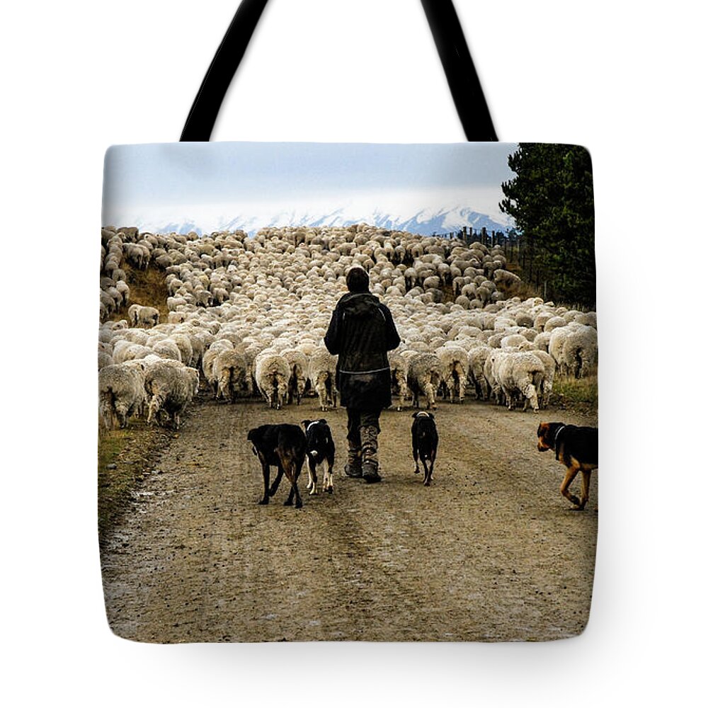 New Zealand Tote Bag featuring the photograph While Shepherds Watched - High Country Muster, South Island, New Zealand by Earth And Spirit