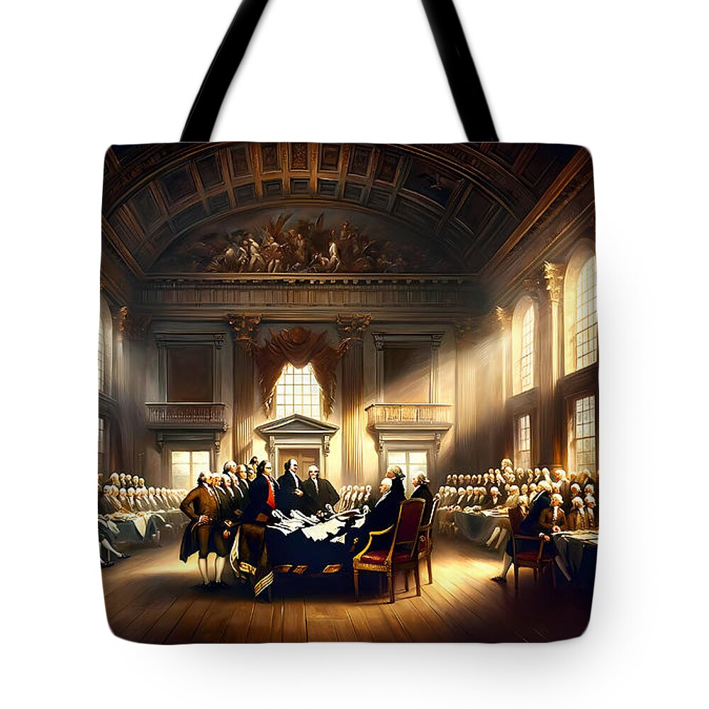 History Tote Bag featuring the painting The signing of the Declaration of Independence, in a grand historical painting style by Jeff Creation