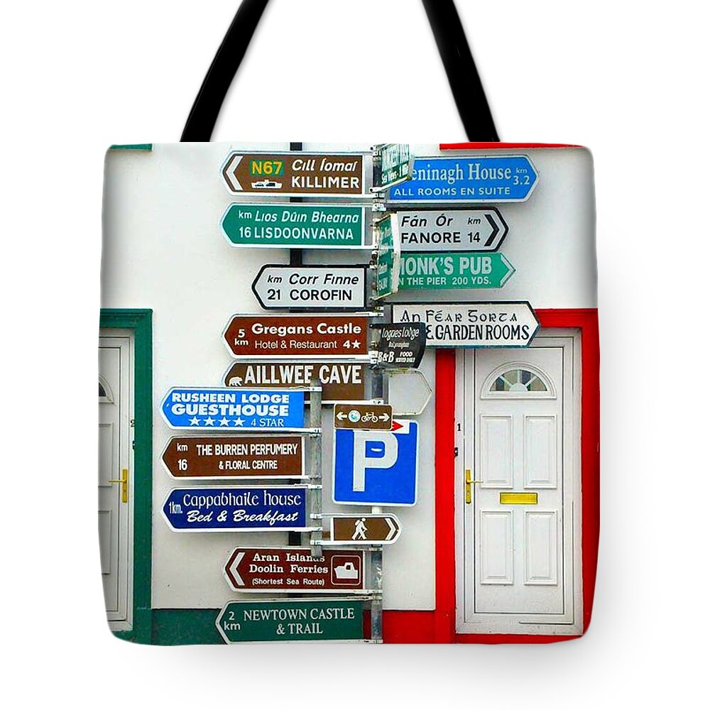 Ireland Tote Bag featuring the photograph The Signs of Ballyvaughan by Regina Muscarella