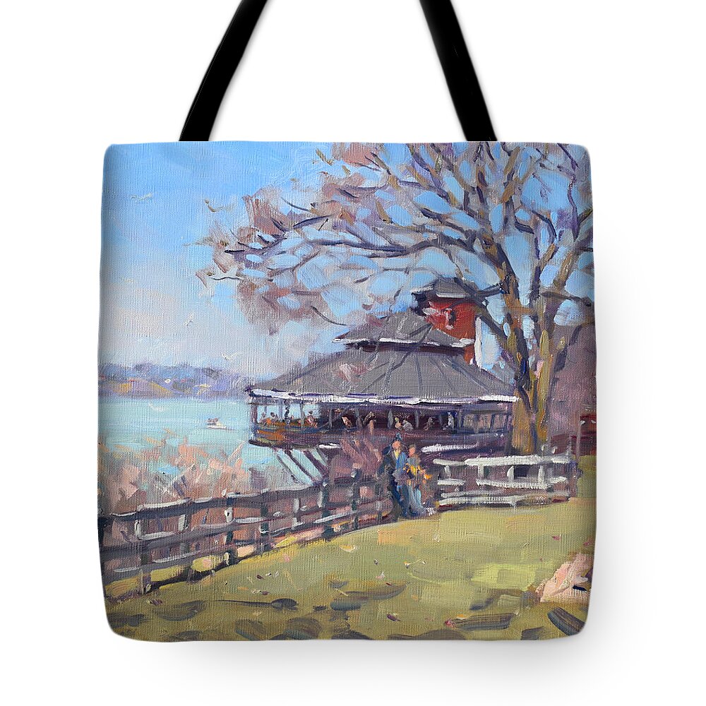 The Silo Tote Bag featuring the painting The Silo Restaurant in Lewiston by Ylli Haruni