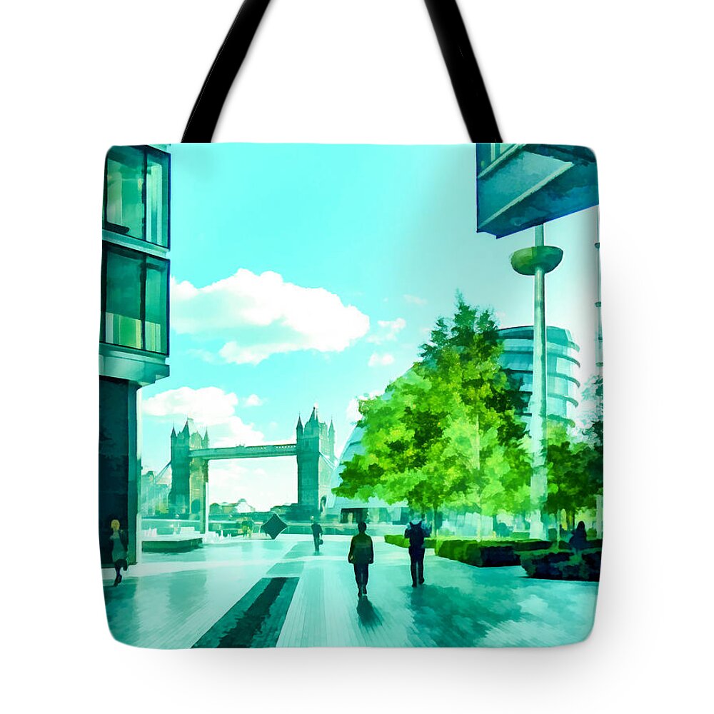 Tower Bridge Tote Bag featuring the digital art The South Bank Near Tower Bridge by Steve Taylor