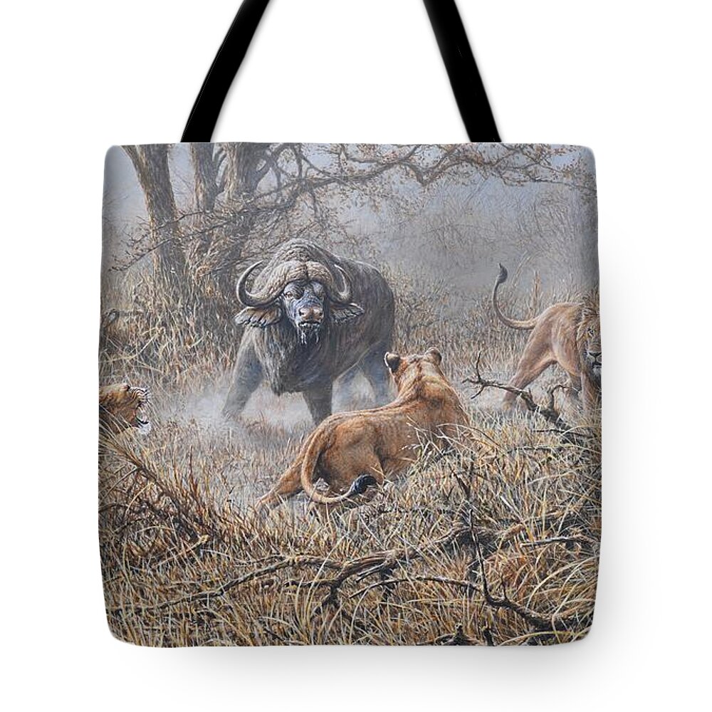 Buffalo Tote Bag featuring the painting The Stand Off by Alan M Hunt