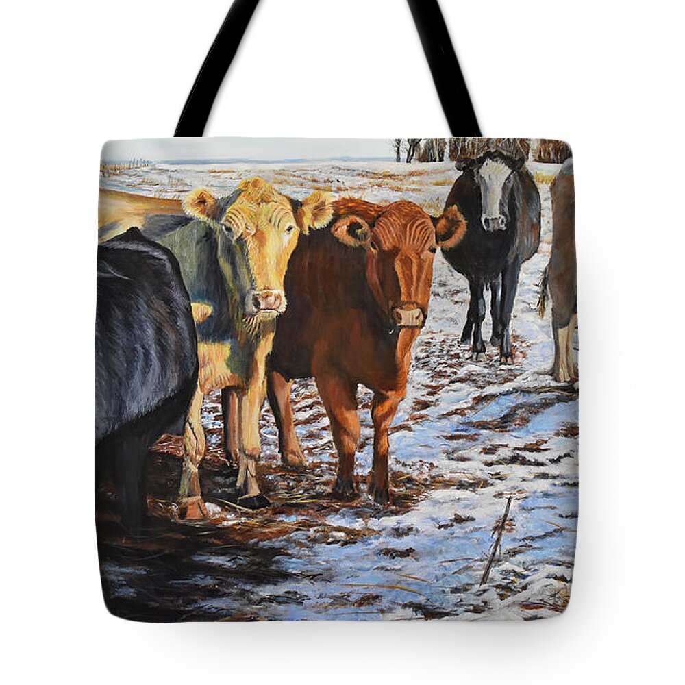 Cows Tote Bag featuring the painting The Stare Down by Marilyn McNish