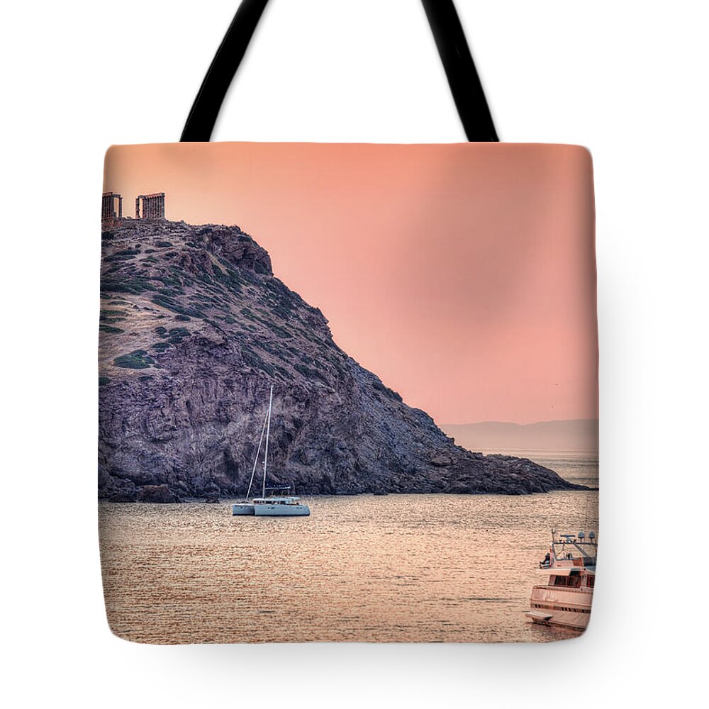 Aegean Tote Bag featuring the photograph The sunrise in Sounio, Greece by Constantinos Iliopoulos