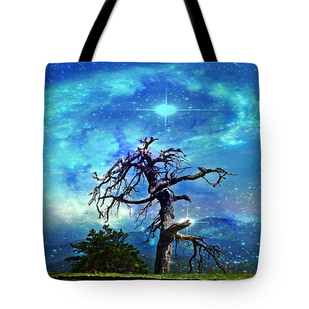 Fantasy Tote Bag featuring the mixed media The Survivor in the Galaxy by Stacie Siemsen