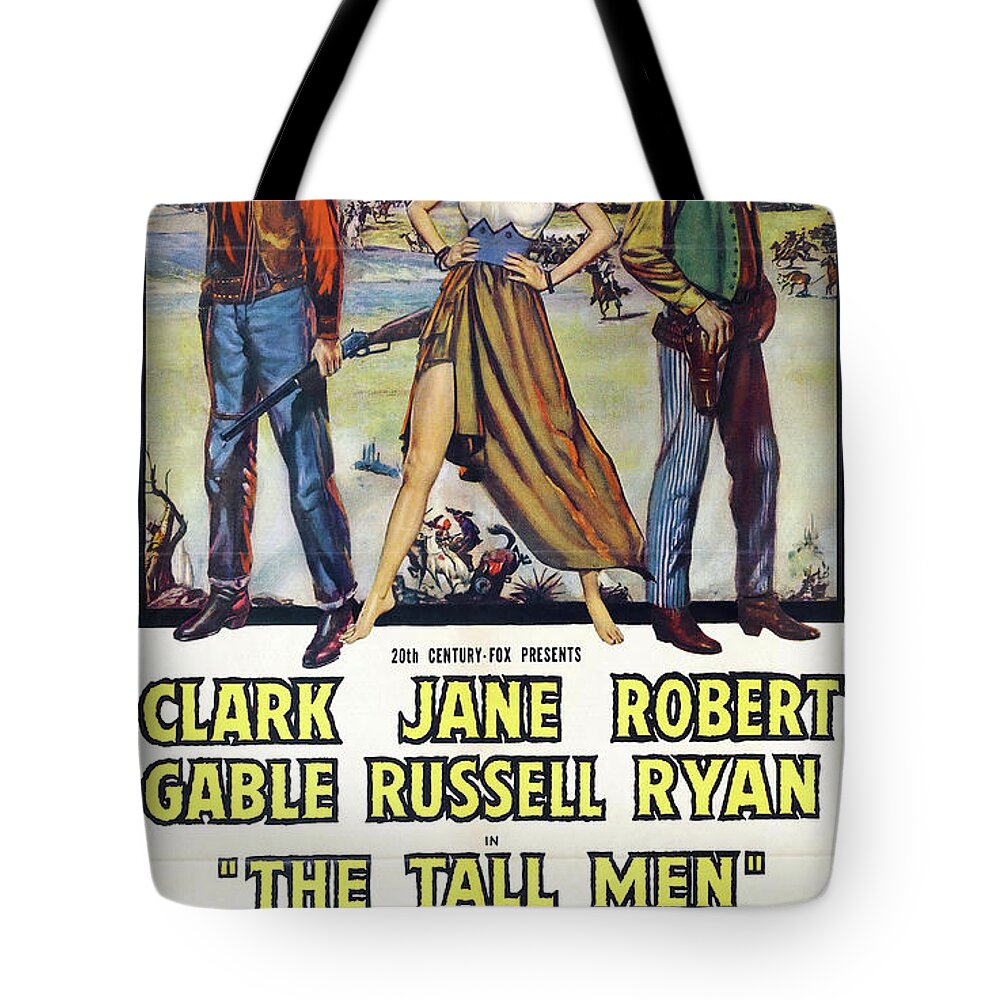 Tall Tote Bag featuring the mixed media ''The Tall Men'', with Clark Gable and Jane Russell, 1955 by Movie World Posters