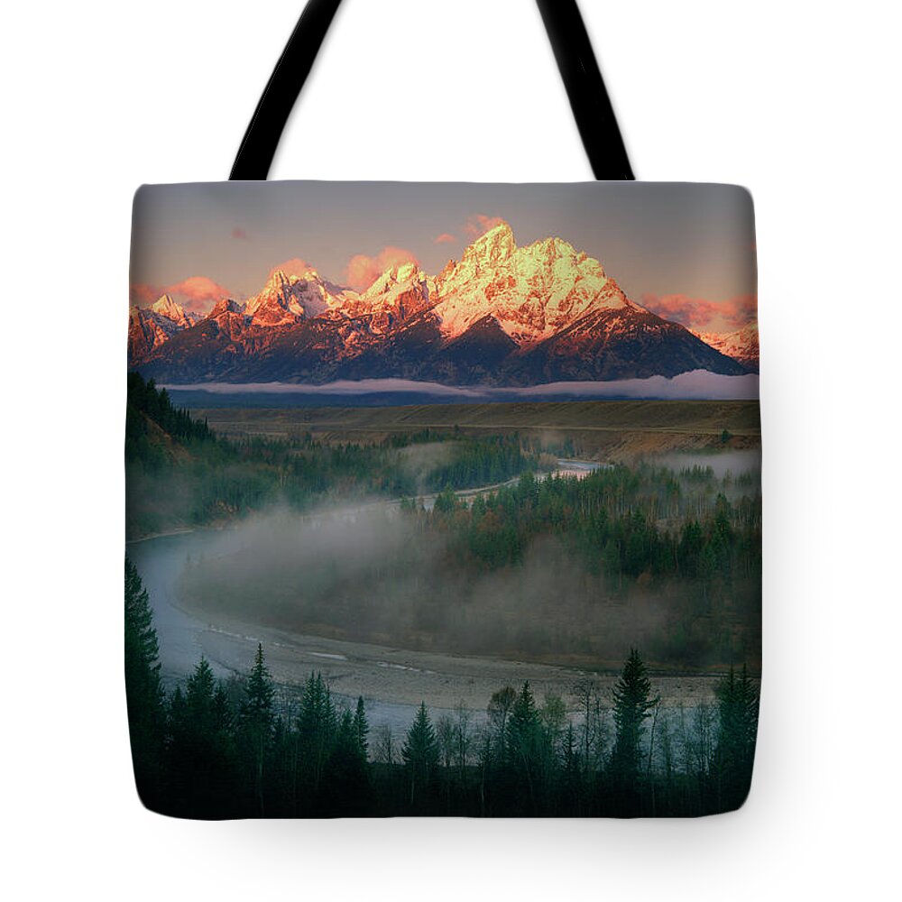 Tetons Tote Bag featuring the photograph The Tetons Sunrise at Snake River Overlook by Mark Miller