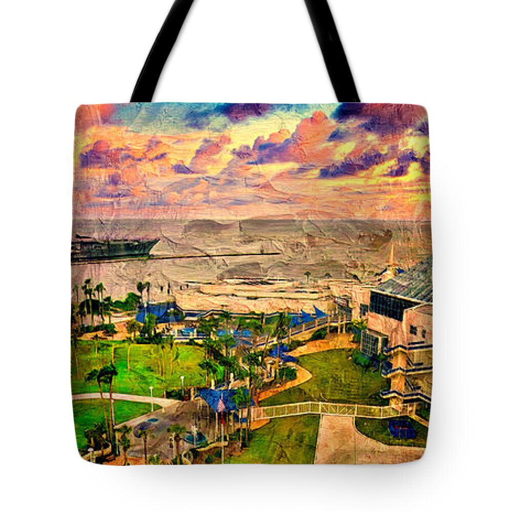 Texas State Aquarium Tote Bag featuring the digital art The Texas State Aquarium and USS Lexington Museum in Corpus Christi at sunset by Nicko Prints