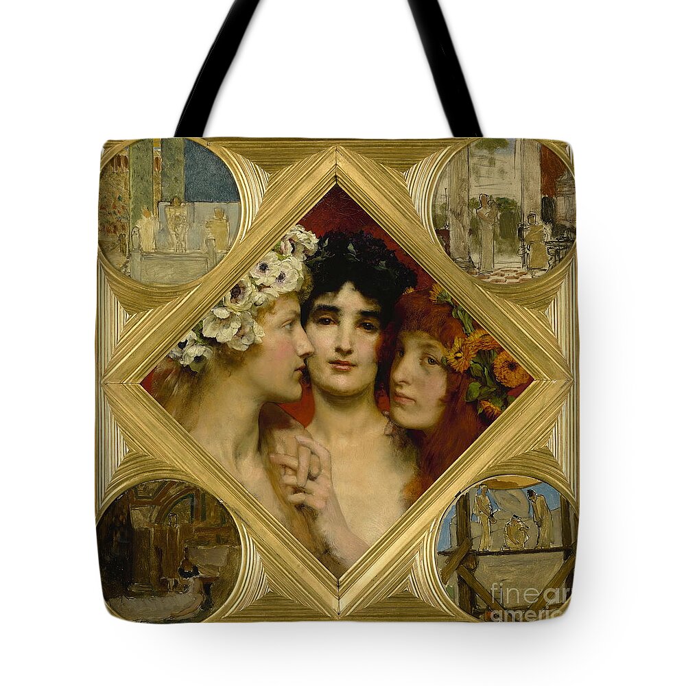 The Three Graces Connects Tote Bag featuring the painting The Three Graces connects by Lawrence Alma-Tadema