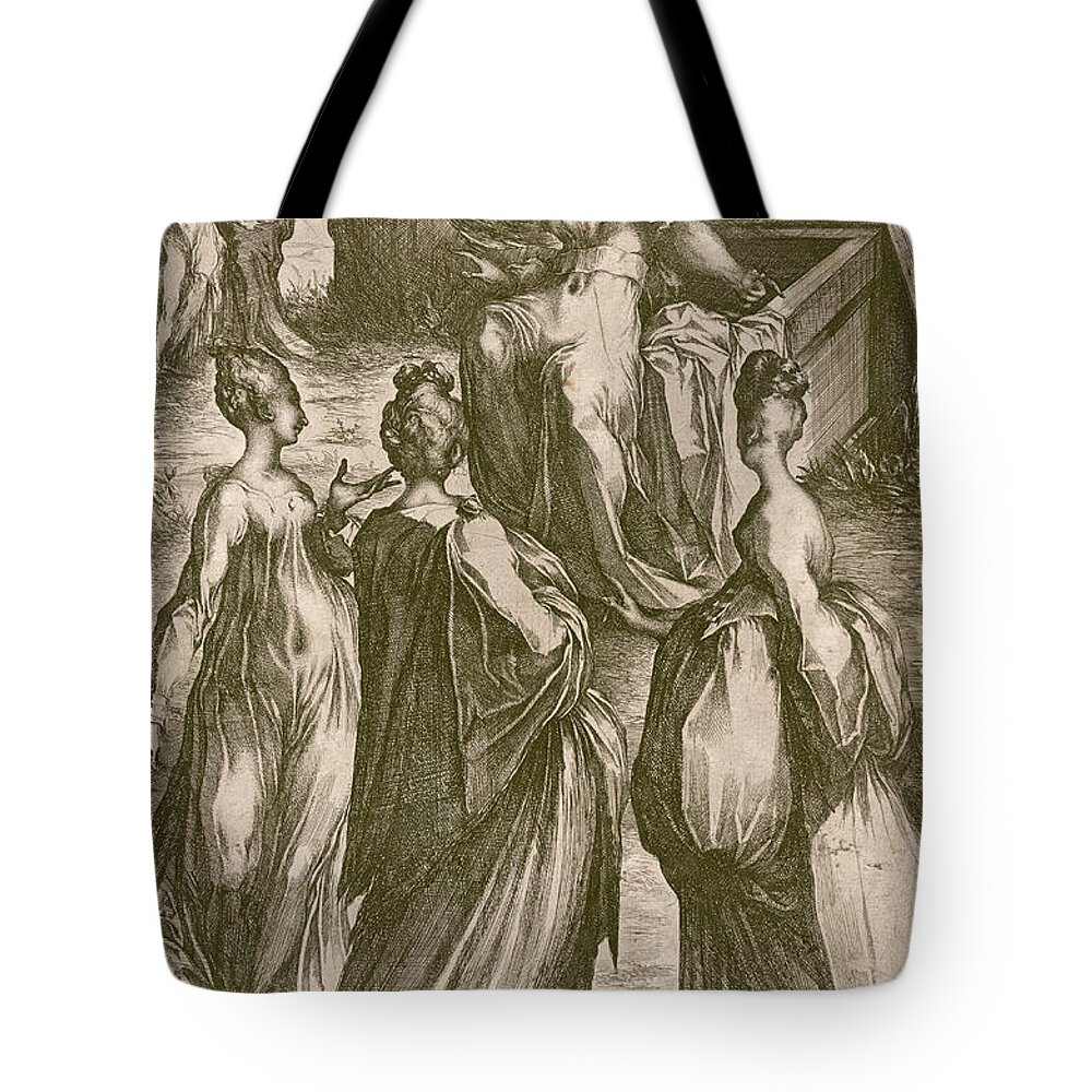 Jacques Bellange Tote Bag featuring the drawing The Three Marys at the Tomb by Jacques Bellange