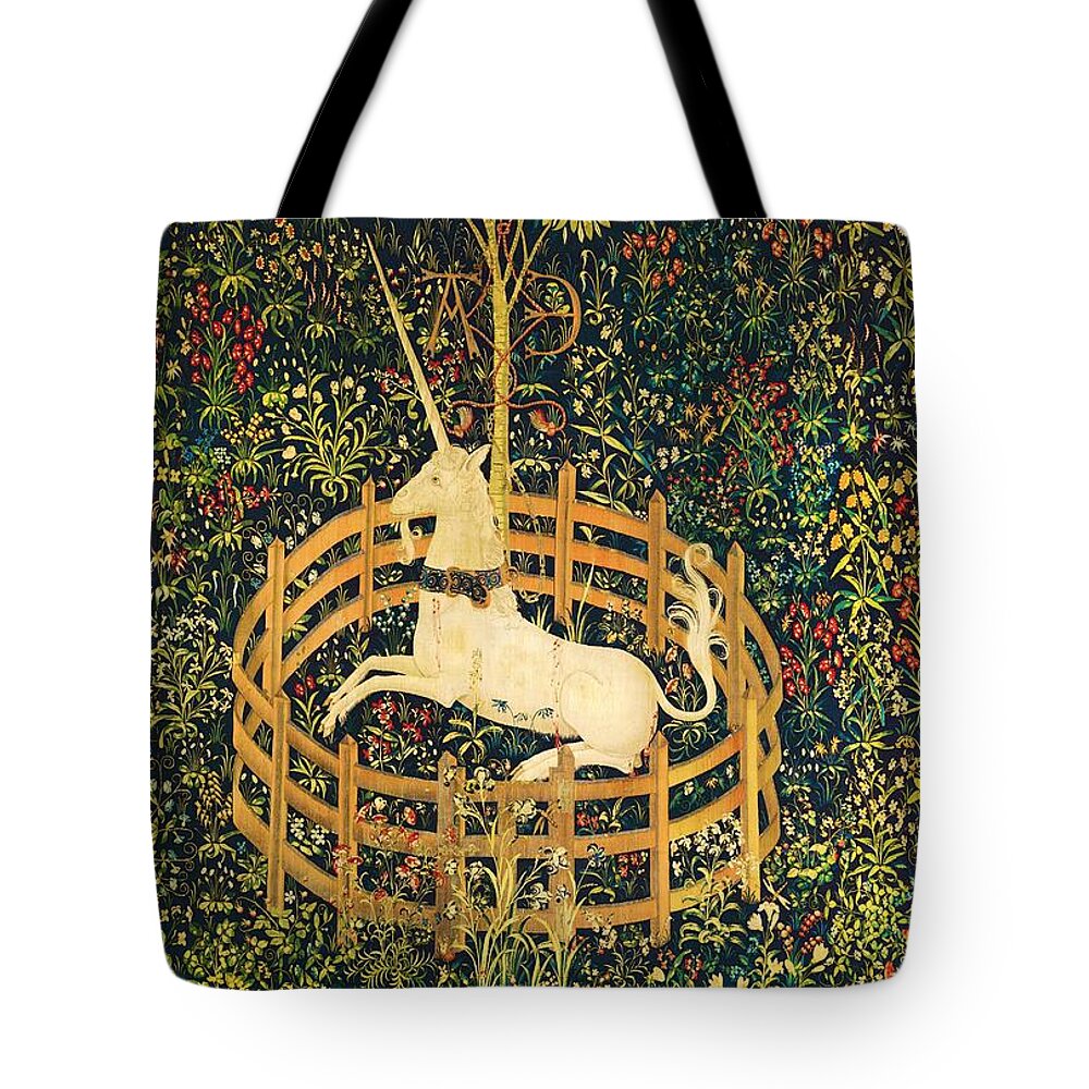 The Unicorn Rests In A Garden Tote Bag featuring the painting The Unicorn Rests in a Garden by The Unicorn Tapestries