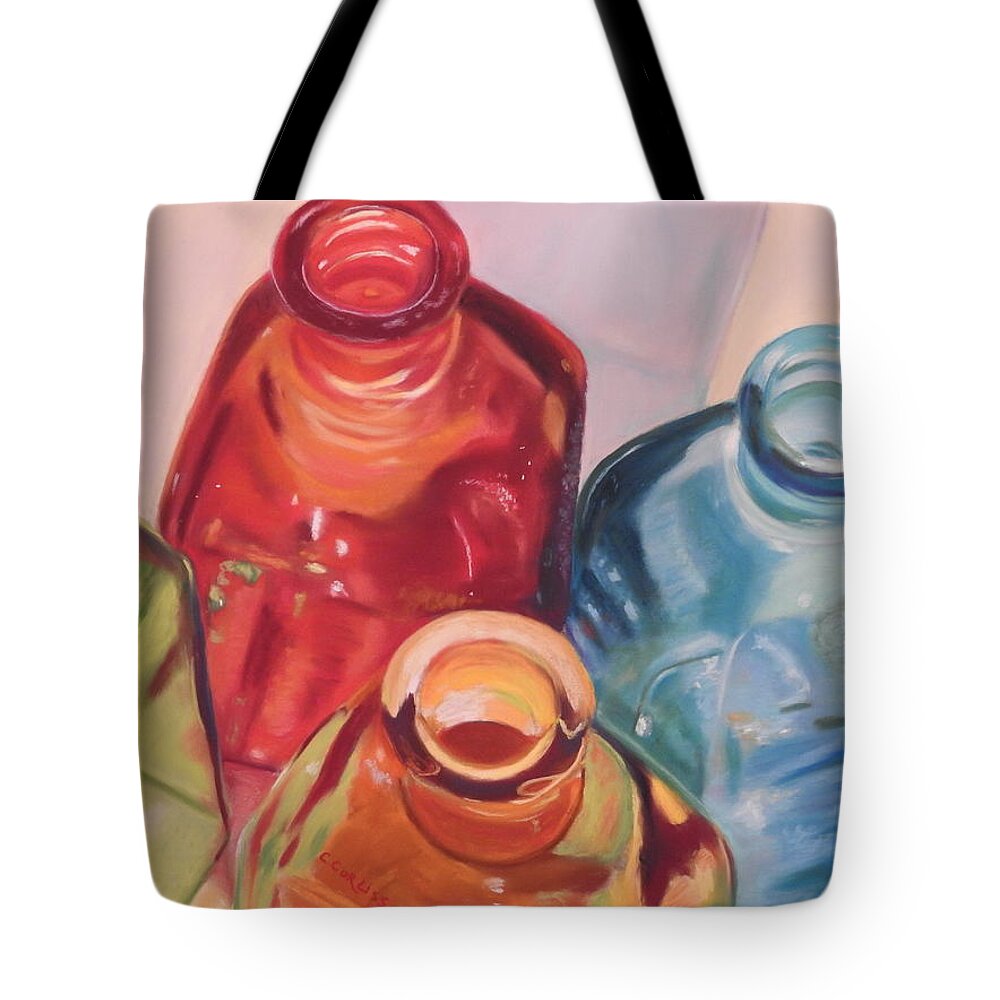 Bottles Tote Bag featuring the pastel The Up Side by Carol Corliss