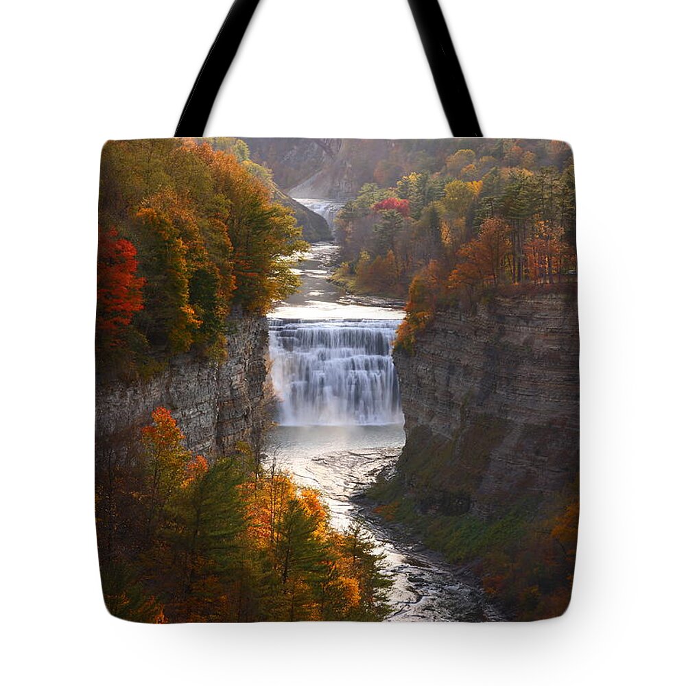 Middle Falls Tote Bag featuring the photograph The Middle Falls of Letchworth State Park by Tony Lee