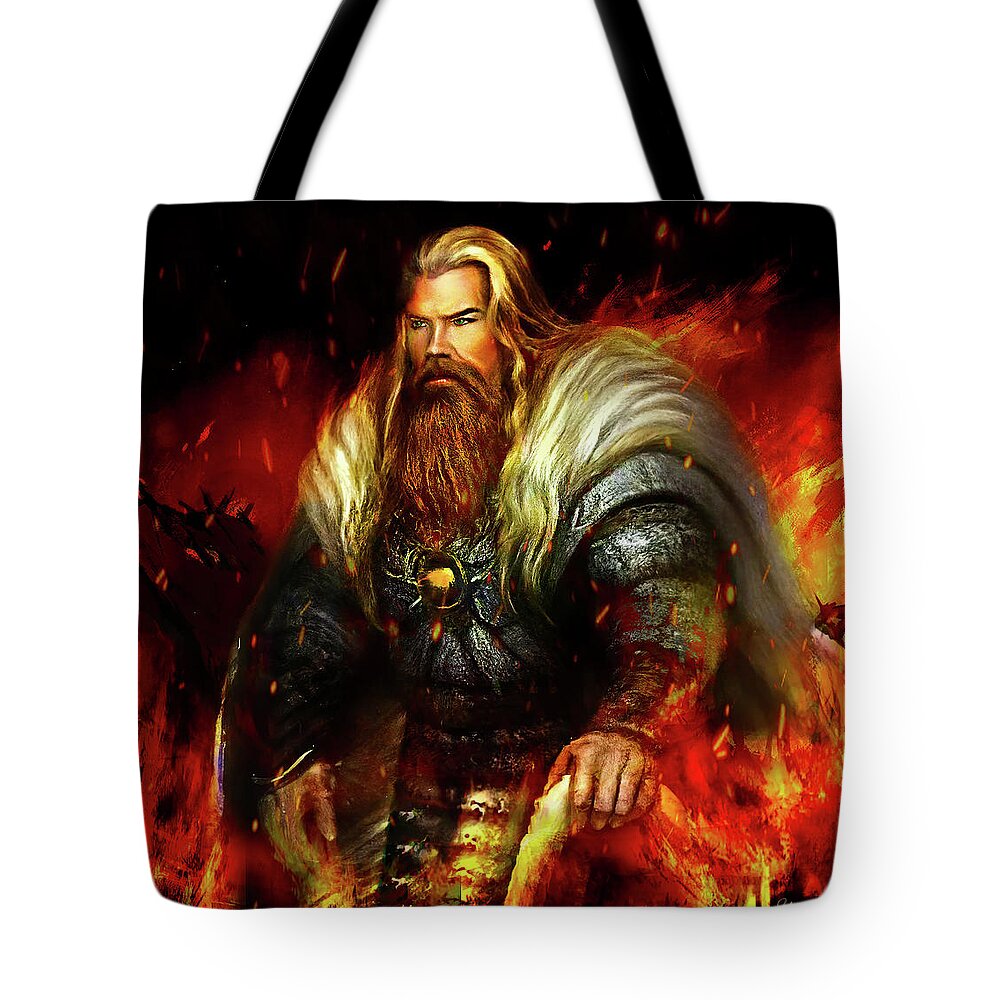 Norse Tote Bag featuring the mixed media The Viking Chieftain - His Home Ablaze by Shawn Dall