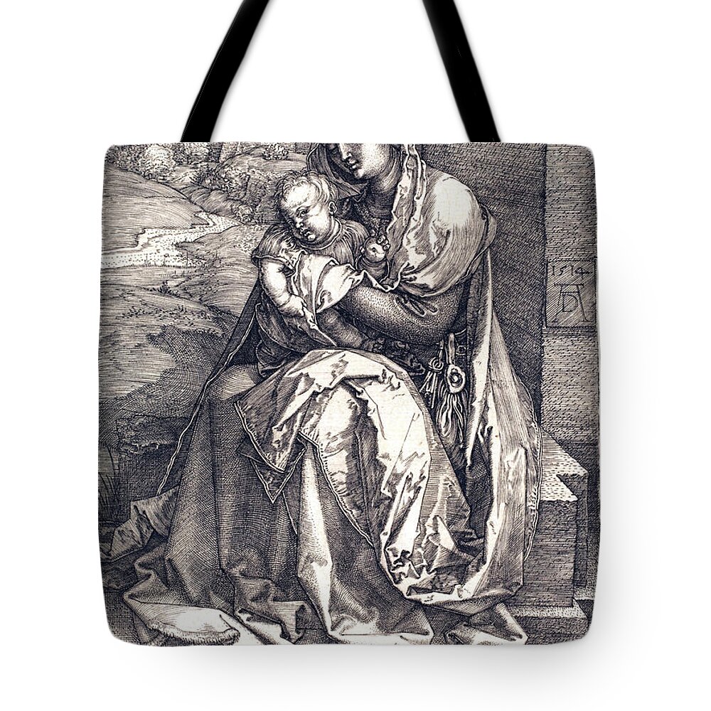 Virgin Tote Bag featuring the drawing The Virgin and Child by Long Shot