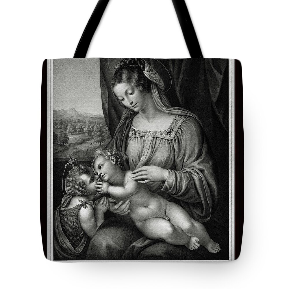 Virgin And Child Tote Bag featuring the painting The Virgin and Child,With Infant Saint John the Baptist by Engraver Franz Hanfstangl Classical Art by Rolando Burbon