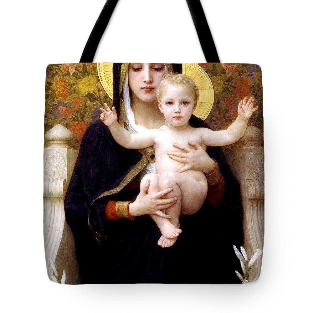 The Virgin Of The Lilies Tote Bag featuring the digital art The Virgin of the Lilies by William Bouguereau