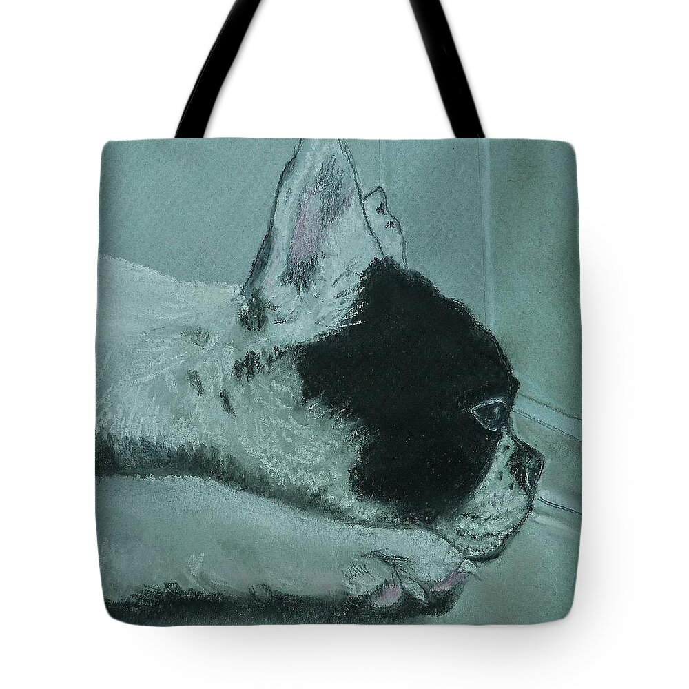 Boston Terrier Tote Bag featuring the pastel The Wait  Boston Terrier by Julie Brugh Riffey