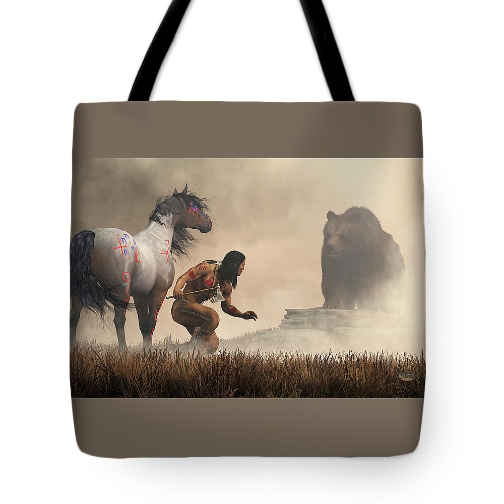 Native American Tote Bag featuring the digital art The Warrior and the Bear by Daniel Eskridge