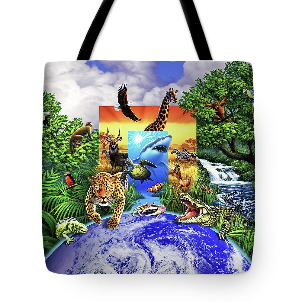 Animals Tote Bag featuring the mixed media The Wide Wild World by Jerry LoFaro